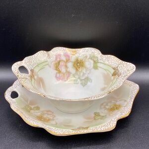 Vintage RC berries and cream bowl and tray, porcelain, white, pink & gold.